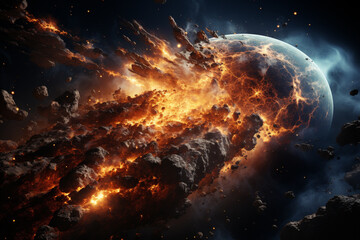 Poster - A dramatic scene of an incoming asteroid, with flames and smoke engulfing the sky, foretelling the end of the world.  Generative AI technology.