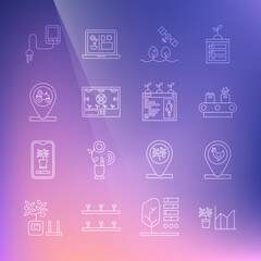 Poster - set line flower statistics, chicken farm and location, conveyor belt with box, smart drone, farming 