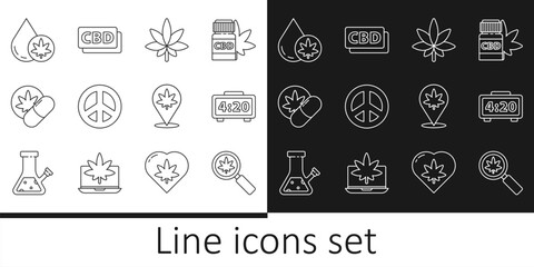 Wall Mural - Set line Magnifying glass and marijuana, Digital alarm clock, Marijuana or cannabis leaf, Peace, Herbal ecstasy tablets, olive oil, Location and Cannabis molecule icon. Vector