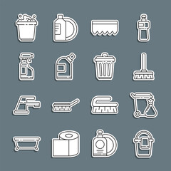 Sticker - Set line Bucket with rag, Trash can and garbage bag, Handle broom, Sponge bubbles, Bottles for cleaning agent, Spray bottle detergent liquid, soap suds and icon. Vector