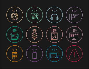 Poster - set line exclamation mark in triangle, smart tv system, headphones, traffic light, electric kettle, 