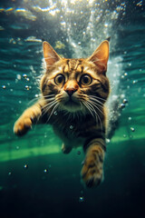  closeup wide angle underwater photo upshot of a cat underwater. cute, funny pet swims. generative ai, ai, generative