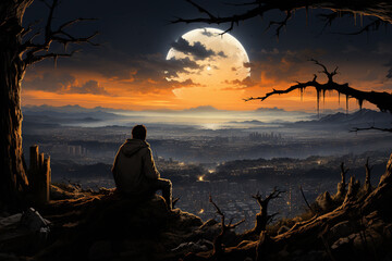 Poster - A solitary figure standing on a hilltop, overlooking a ravaged landscape, contemplating the remnants of a once-thriving world.  Generative AI technology.