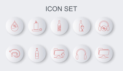 Sticker - Set line FTP folder, Electric car, Bottle of wine, Headphones, Water drop percentage, Burning candle candlestick, and upload icon. Vector