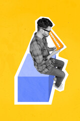 Poster - Vertical creative abstract collage photo of black white man look at smartphone read fake news disinformation isolated on yellow background