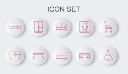 Sticker - Set line Chandelier, Chest of drawers, Sofa, Office desk, Wardrobe, and Big bed icon. Vector