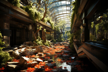 Fototapete - a ruined and overgrown shopping mall, with shattered glass windows and empty storefronts, symbolizin