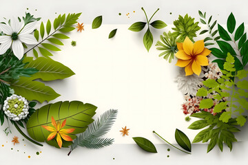 Wall Mural - Fresh Variety Plant Leaves And Flower Isolated In White Box Frame background