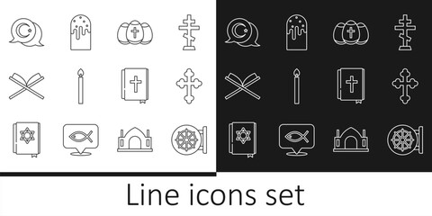 Sticker - Set line Dharma wheel, Christian cross, Easter egg, Burning candle, Holy book of Koran, Star crescent, bible and cake icon. Vector