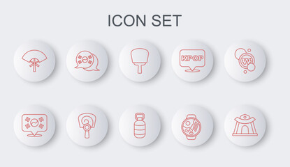 Set line Korean temple, Location South, hand fan, Ramen, Traditional, flag, and lantern icon. Vector