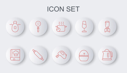 Sticker - Set line Electric kettle, Cookbook, Cooking pot, Kitchen timer, apron, Spatula, Rolling pin and mixer icon. Vector