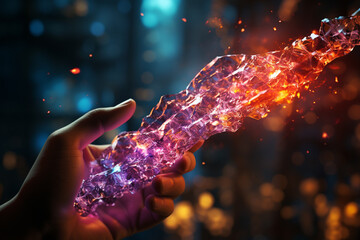 Aufkleber - Close up of human Touching DNA molecule. Nebula dust in infinite space. Mixed media. Generative AI technology.