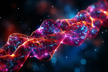 Poster - Close up of human Touching DNA molecule. Nebula dust in infinite space. Mixed media. Generative AI technology.