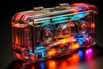 Aufkleber - Beautiful Audio cassette tape in neon light.Minimalism retro style concept. 80s.  Generative AI technology.