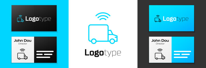 Blue line Smart delivery cargo truck vehicle with wireless connection icon isolated on white background. Logo design template element. Vector