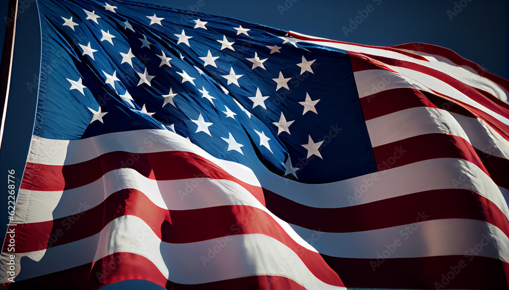 A low angle view of stars and stripes on american flag against blue sky Ai generated image