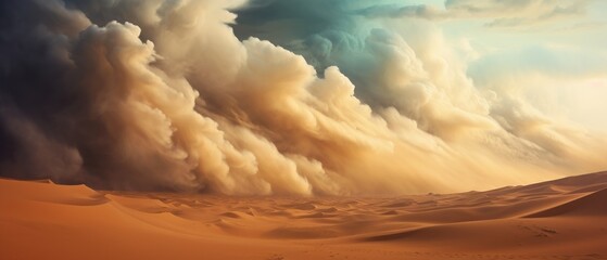 Wall Mural - landscape of light brown desert dunes and awe-inspiring turbulent sandstorm clouds forming at the horizon, vast panoramic open world expanse cloudscape - Generative AI