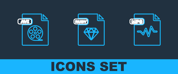 Set line MP3 file document, AVI and RUBY icon. Vector