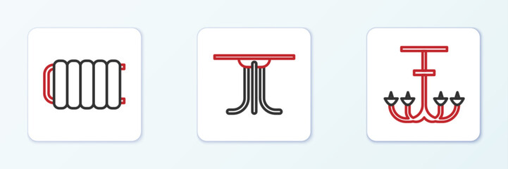 Sticker - Set line Chandelier, Heating radiator and Round table icon. Vector