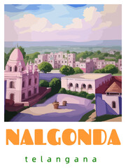 Wall Mural - Nalgonda: Retro tourism poster with an Indian landscape and the headline Nalgonda / Telangana