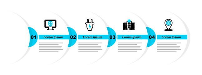 Wall Mural - Set line Medical location with cross, hospital building, Electric plug and Monitor and shield icon. Vector