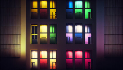 Wall Mural - Building facade with the windows lighted in different colors Ai generated image