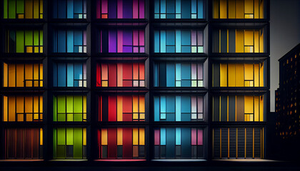 Wall Mural - Building facade with the windows lighted in different colors Ai generated image