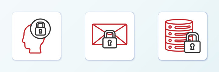 Poster - Set line Server security with lock, Human head and Mail message password icon. Vector