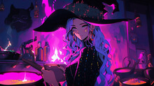 Lofi Anime Girl, Halloween Witch With Her Cauldron, Neon Pink Colours. Created With Generative AI.
