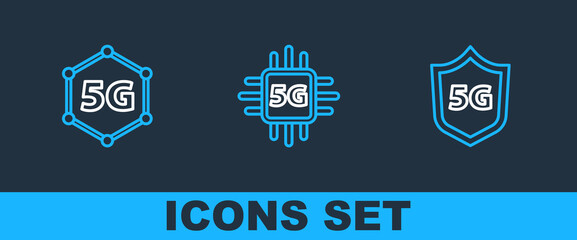 Poster - Set line Protective shield 5G, network and Processor icon. Vector