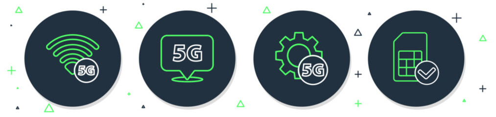 Poster - Set line Location 5G network, Setting, and Sim card icon. Vector