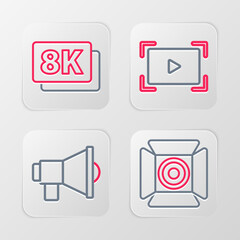 Sticker - Set line Movie spotlight, Megaphone, Online play video and 8k Ultra HD icon. Vector