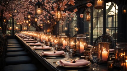 Sticker - wedding evening table outside with light bulbs and candles.