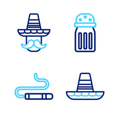 Sticker - Set line Mexican sombrero, Cigar, Salt and man icon. Vector