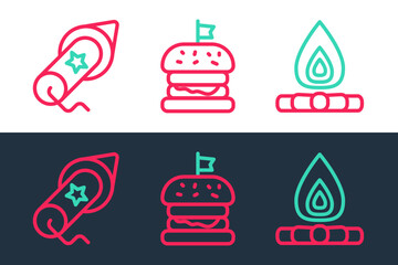 Canvas Print - Set line Campfire, Firework and Burger icon. Vector