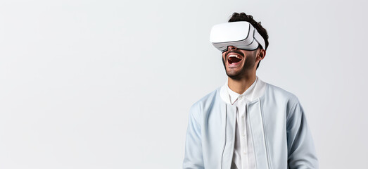 Portrait of happy man wearing virtual reality glasses isolated on flat white background with copy space. Banner template of smiling man in white VR goggles. Generative AI photo.