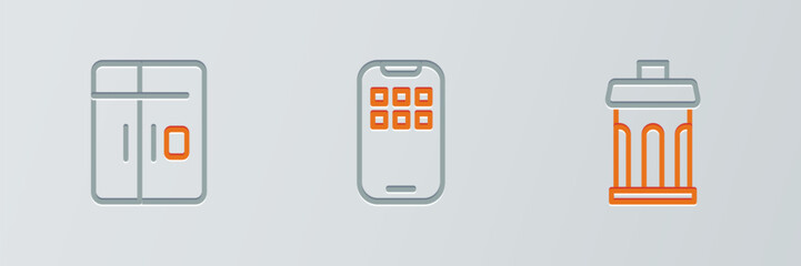 Poster - Set line Trash can, Refrigerator and Mobile Apps icon. Vector