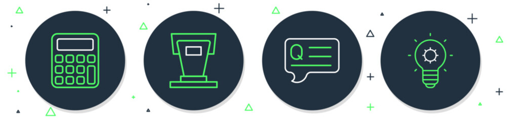 Poster - Set line Stage stand, Speech bubbles with Question, Calculator and Light bulb icon. Vector
