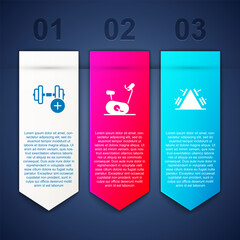 Sticker - Set Dumbbell, Stationary bicycle and Metal rack with weight. Business infographic template. Vector