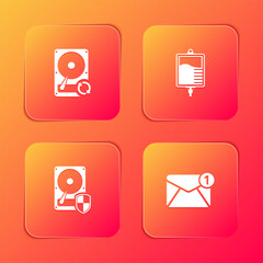 Poster - Set Hard disk drive HDD sync refresh, IV bag, protection and New, email incoming message icon. Vector