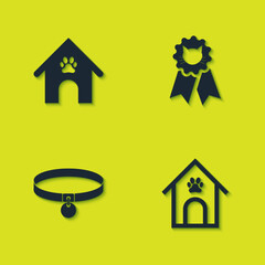 Sticker - Set Dog house and paw print pet, , Collar and Cat award symbol icon. Vector