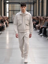 Men's Fashion. Male Model In Colourful Clothes Walks Runway At Autumn - Winter 2023-2024 Fashion Week. AI Generative