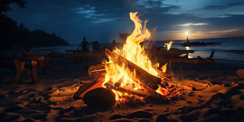 AI Generated. AI Generative. Sunset evening night bonfire campfire fire wood at sea ocean coast beach sand. Adventure vacation trip camping vibe. Graphic Art