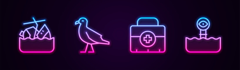 Wall Mural - Set line Sinking cruise ship, Bird seagull, First aid kit and Periscope. Glowing neon icon. Vector