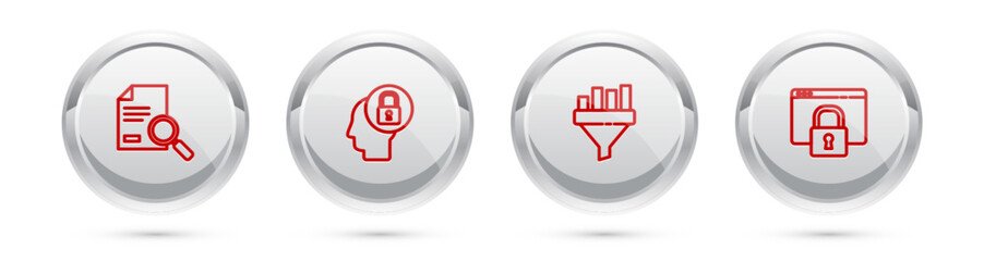 Poster - Set line Document with search, Human head lock, Sales funnel chart and Secure your site HTTPS, SSL. Silver circle button. Vector