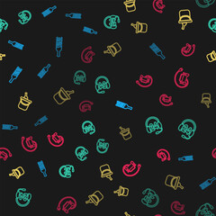 Poster - Set line Bottle of wine, Headphone for support, bucket and Electric car on seamless pattern. Vector