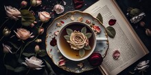 AI Generated. AI Generative. Tea Cup Woth Roses And Old Book On Background. Vintage Retro Relax Drink Time Vibe. Graphic Art
