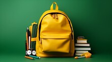 Bright yellow school backpack next to a stack of books, notebooks, pens and clocks isolated on green background, back to school concept, school supplies, promo banner with copy space