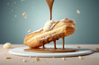 Close-up of a falling delicious French vanilla eclair with pouring liquid caramel on a light background. Sweet eclair with cream. Generative AI 3d render illustration imitation.