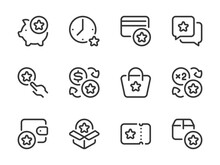 Bonus And Loyalty Program Vector Line Icons. Special Points And  Reward Star Outline Icon Set. Membership System, Benefit, Collect Coins, Gift Bonus Offer And More.